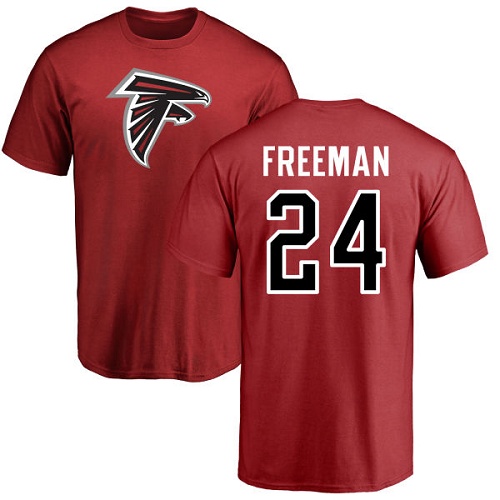 Atlanta Falcons Men Red Devonta Freeman Name And Number Logo NFL Football #24 T Shirt